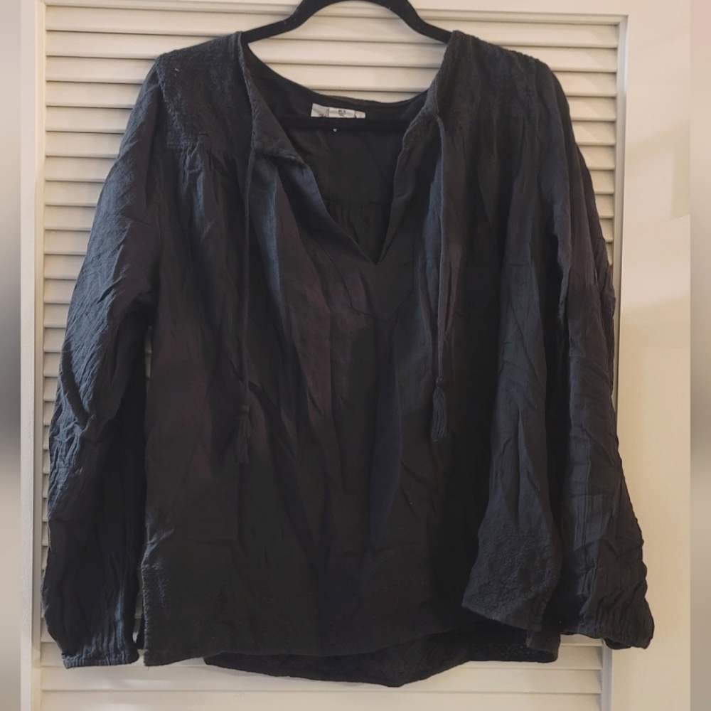 H&M - (Plus-Size) Blackish-Grey Bohemian Embroidered Loose-Fit Top